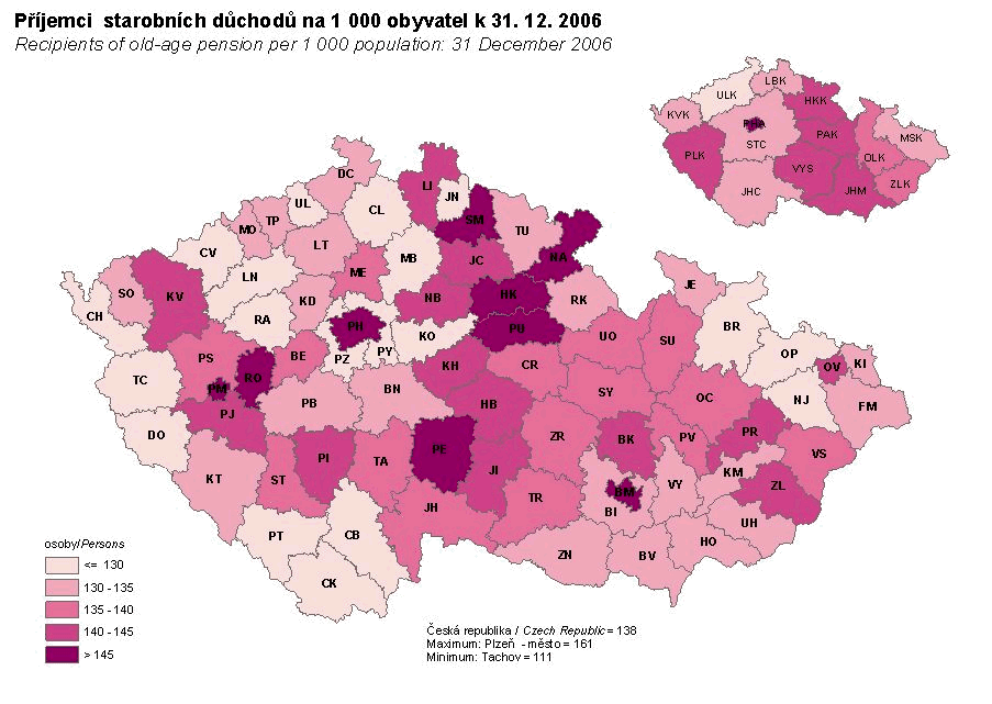 Kartogram 27. Příjemci starobních důchodů na 1 000 obyvatel k 31. 12. 2006